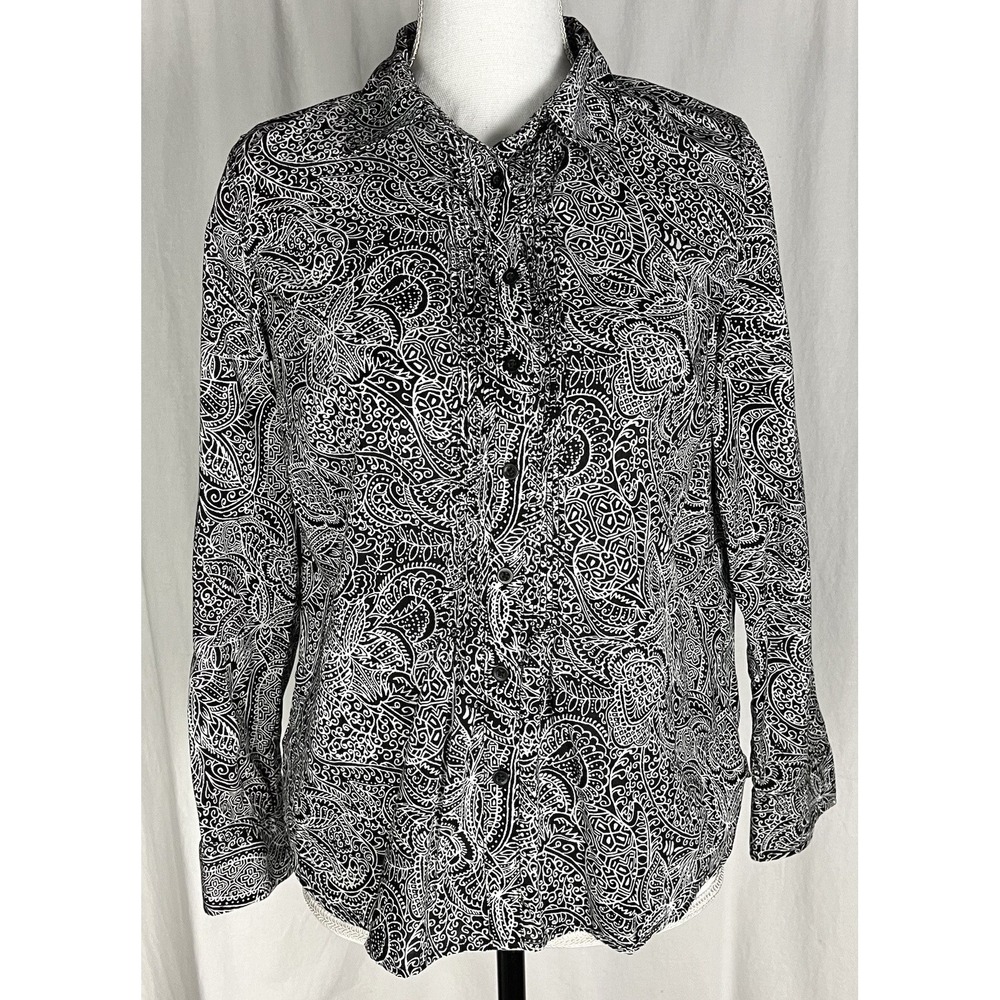 Talbots Gray Shirt Floral Paisley Top Blouse Size P Petite Cotton